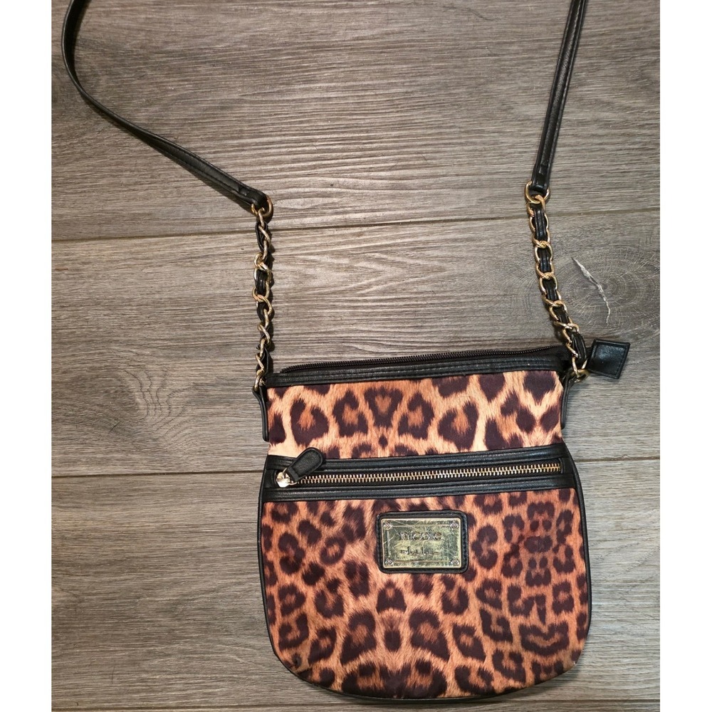 Nicole Miller Women Small Crossbody Bag Brown Leopard Print Gold Chain Strap